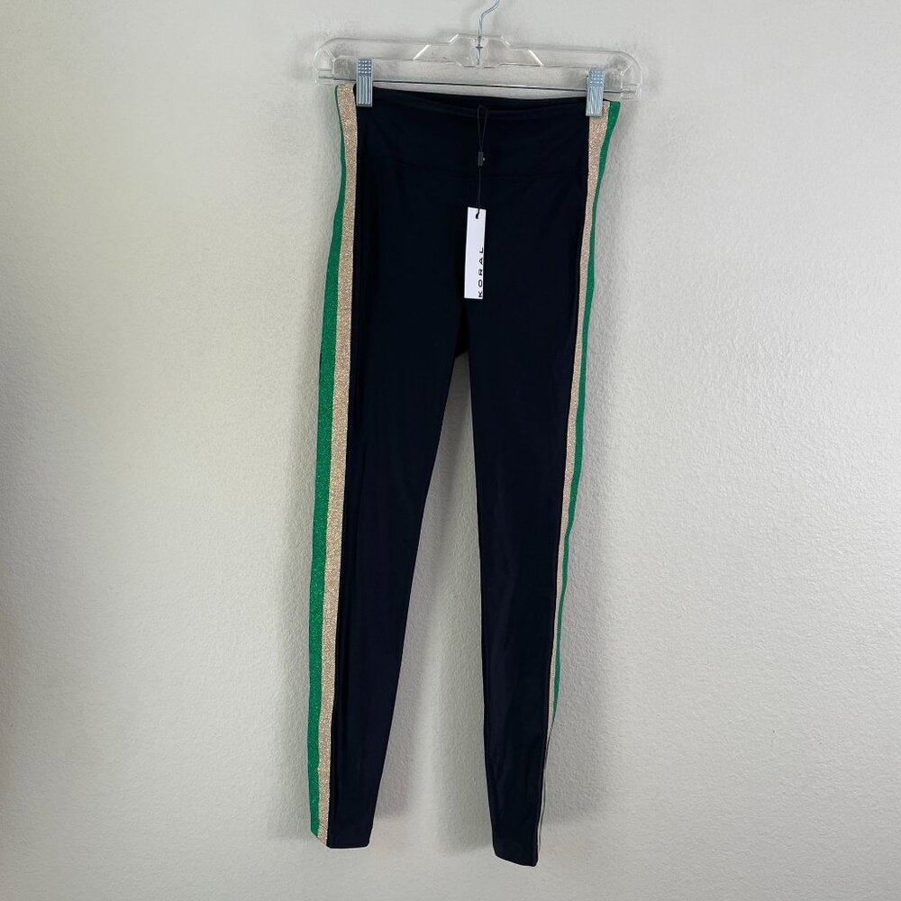 NEW KORAL Womens Small High Rise Energy Trainer Leggings Green Glitter‎ Stripe